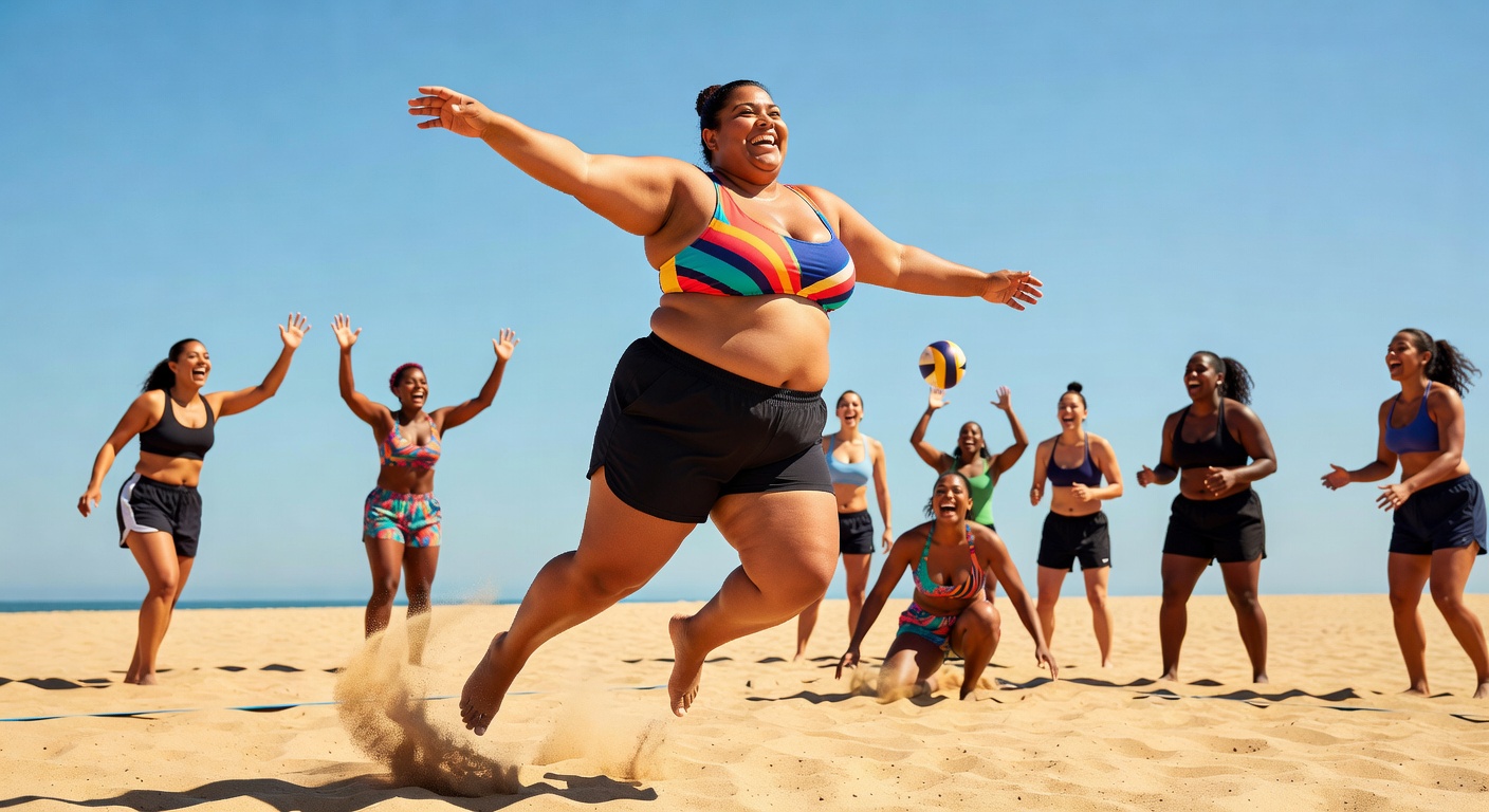 Active plus size women enjoying beach volleyball