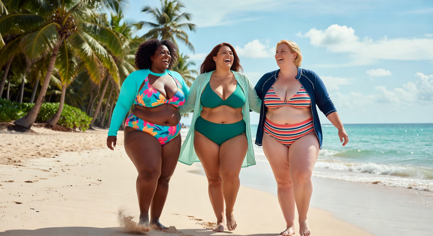 Diverse plus size women celebrating at beach