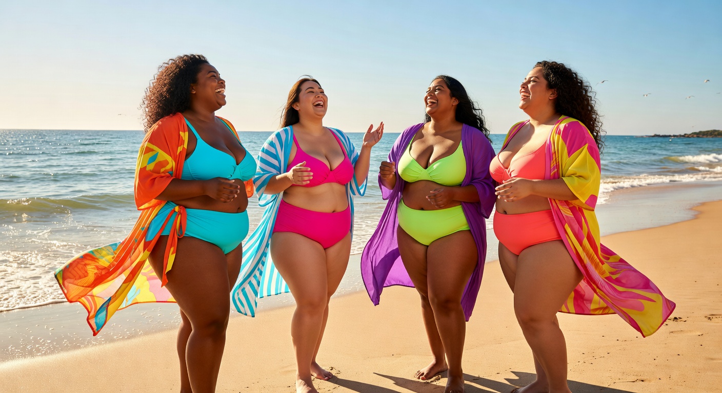 Confident plus-size women enjoying the beach