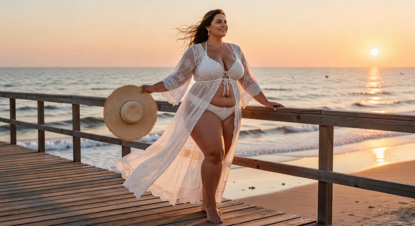 Woman in cover-up at sunset pier