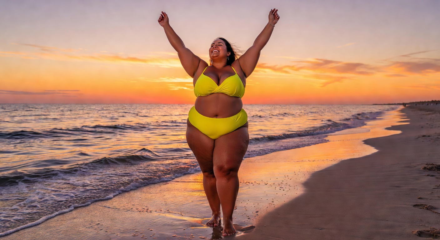 Empowered plus size woman at beach